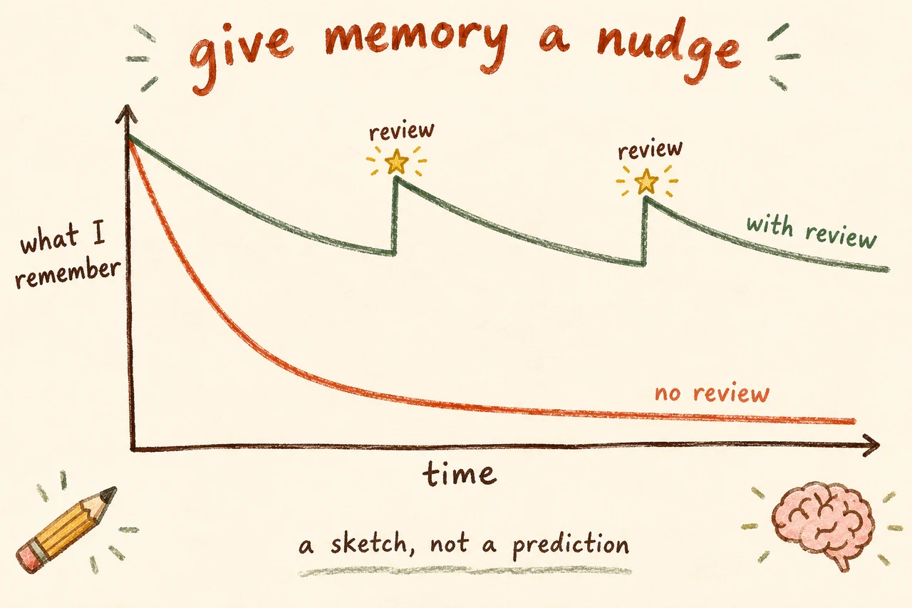 A rough sketch of memory fading over time, with reviews giving it a nudge. It illustrates the idea; it doesn’t predict anyone’s exact memory.