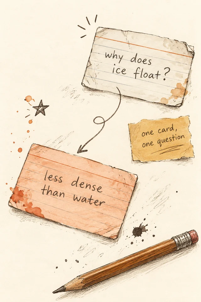 One question on the front: why does ice float? One short answer on the back: it is less dense than water.