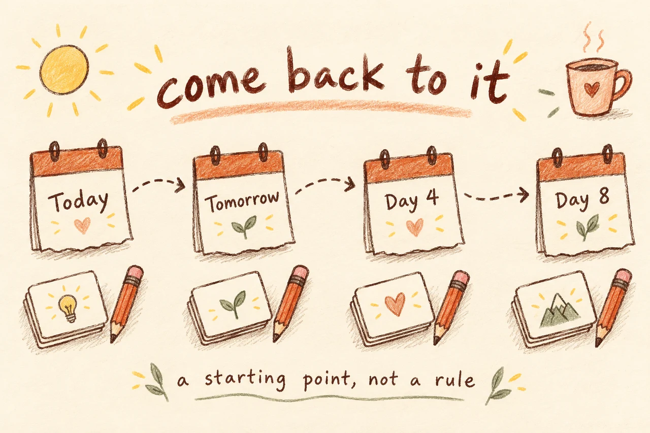 An example review calendar: today, tomorrow, day four and day eight. Adjust the gaps to your answers and your deadline.